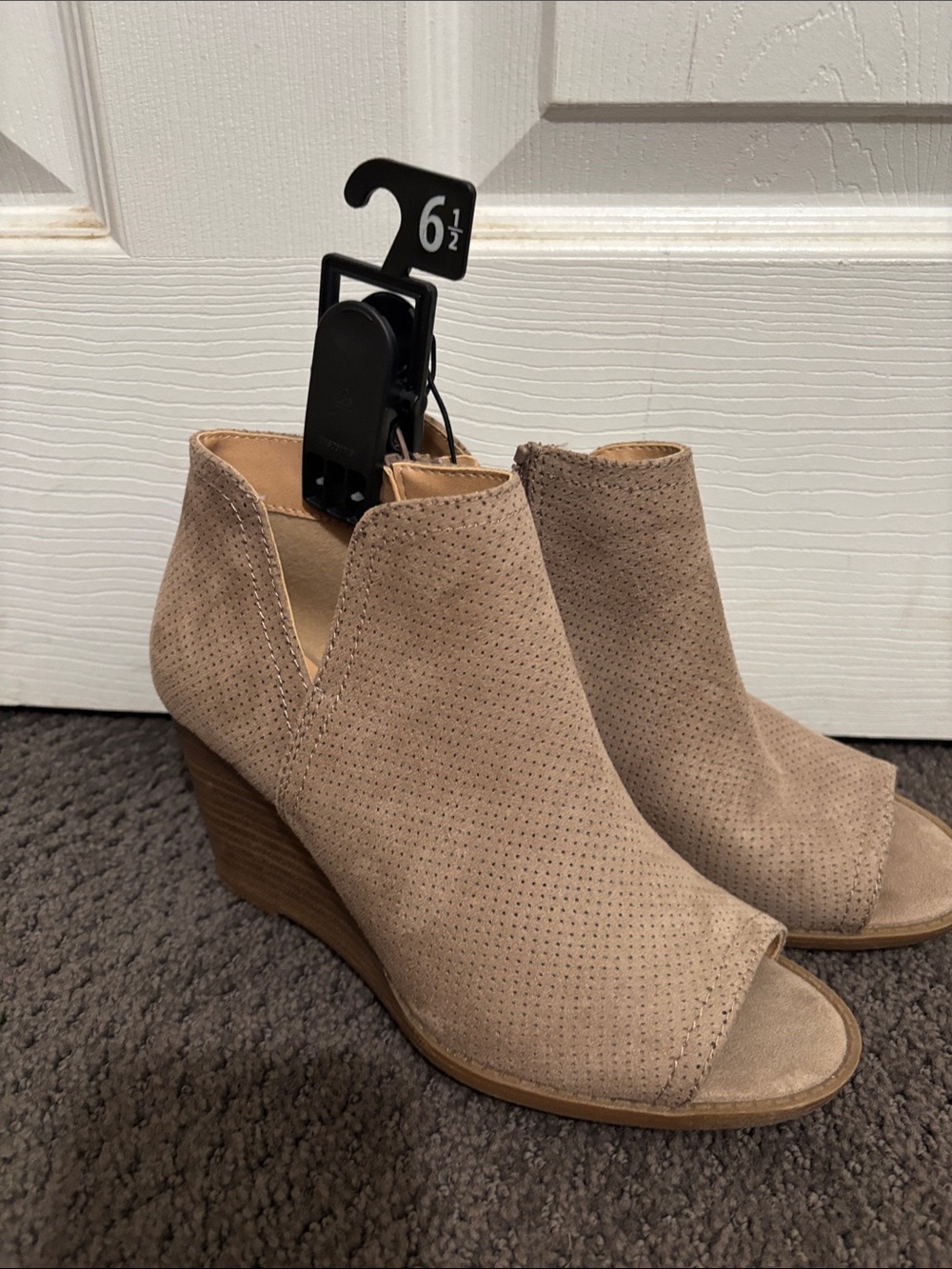 Time and Tru Taupe Perforated Peep-Toe Wedge Booties